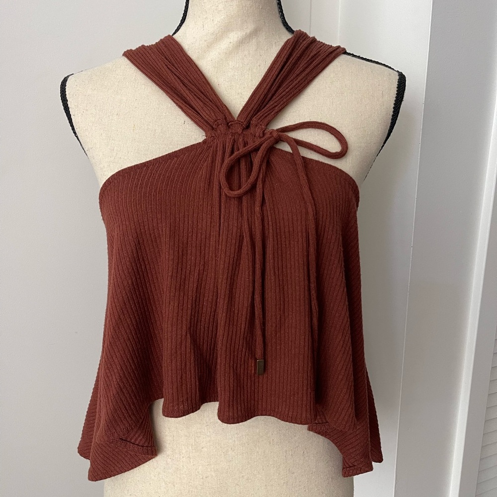 Free People Ribbed Brown Halter Top with Tie Front Gold Accents XS